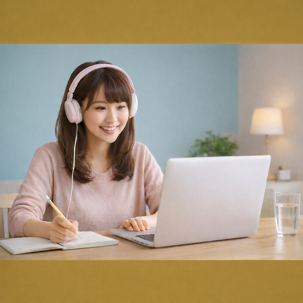 A young woman with brown hair and a pink sweater is sitting at a wooden table with a laptop, notebook, and a glass of water, wearing pink headphones and smiling.