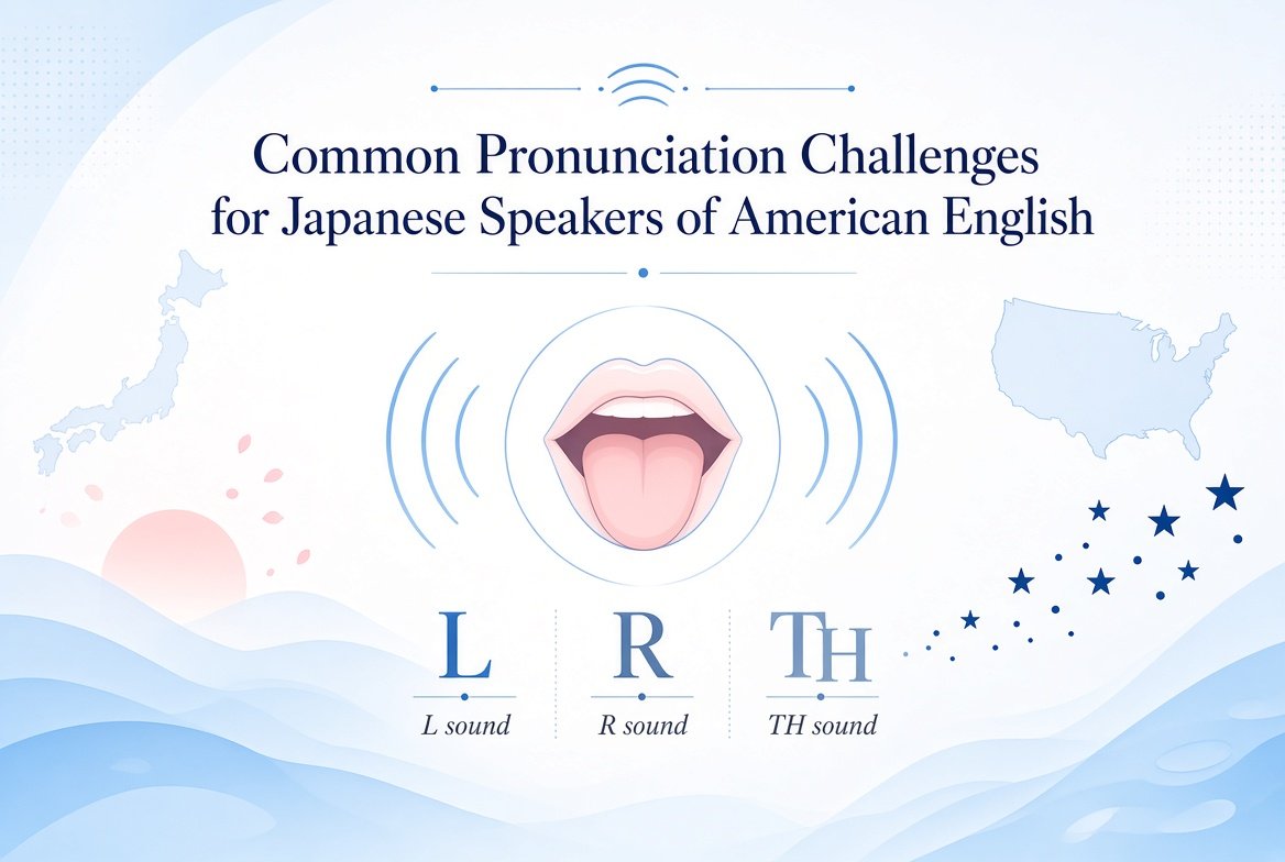 Illustration of mouth and tongue with L, R, and TH sounds for Japanese speakers learning American English pronunciation