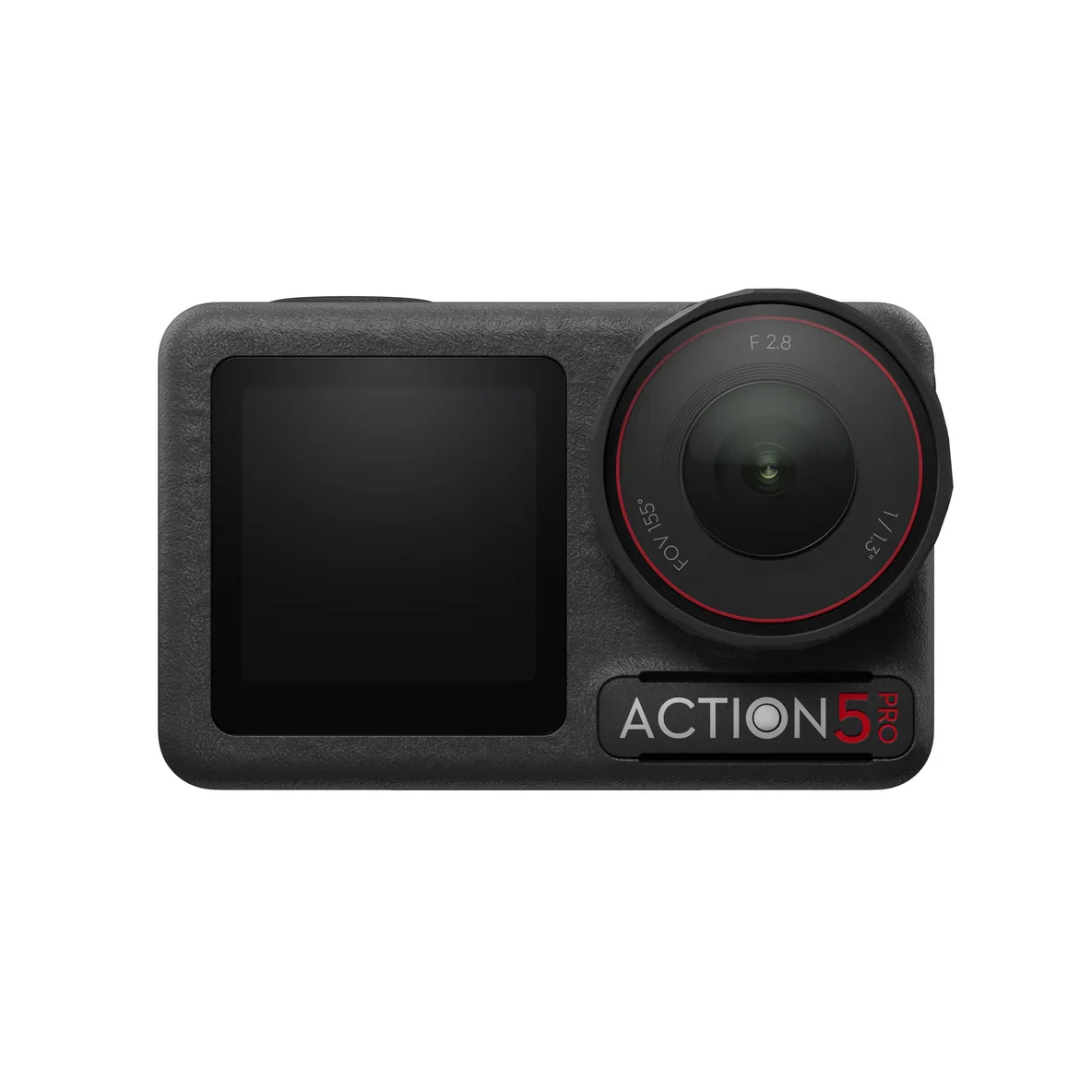 A black Action 5 Pro action camera featuring a large lens on the right with red accents and a small display screen on the left.