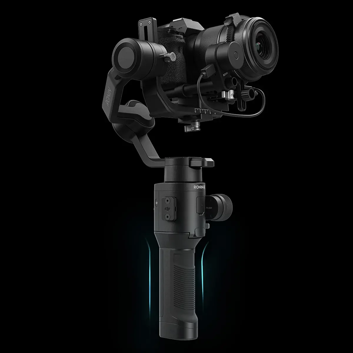 A professional camera stabilizer (gimbal) with a mounted camera against a black background.