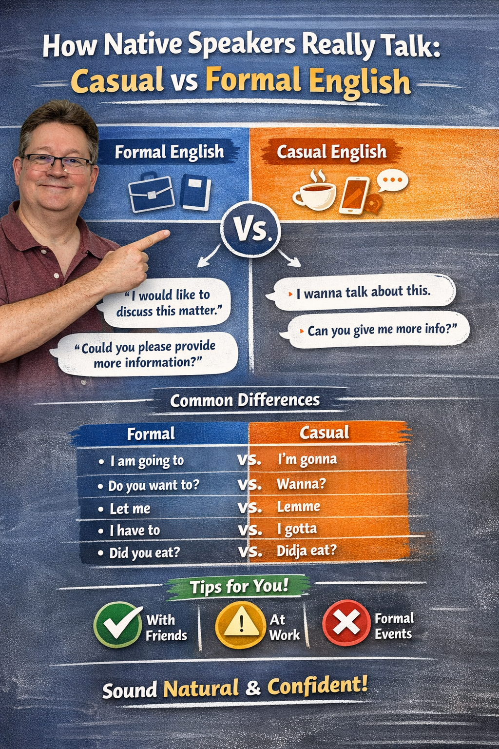 nfographic comparing casual and formal English with examples like “I’m gonna” vs “I am going to” to help learners understand how native speakers talk in daily conversation.