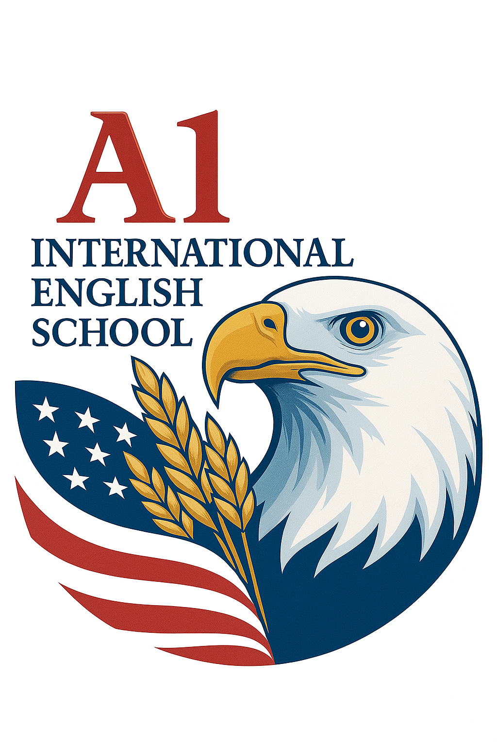 Logo for A1 International English School featuring an eagle with an American flag-inspired design