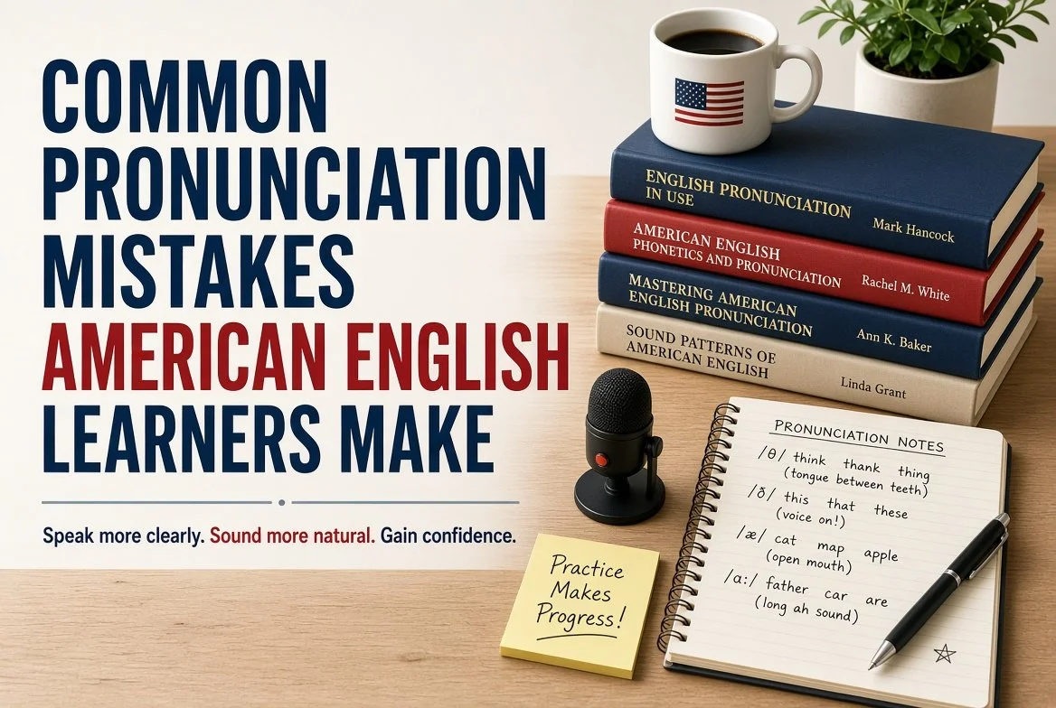Blog banner for “Common Pronunciation Mistakes American English Learners Make” showing study materials including pronunciation books, a notebook with phonetic notes, a microphone, and a coffee mug on a desk.