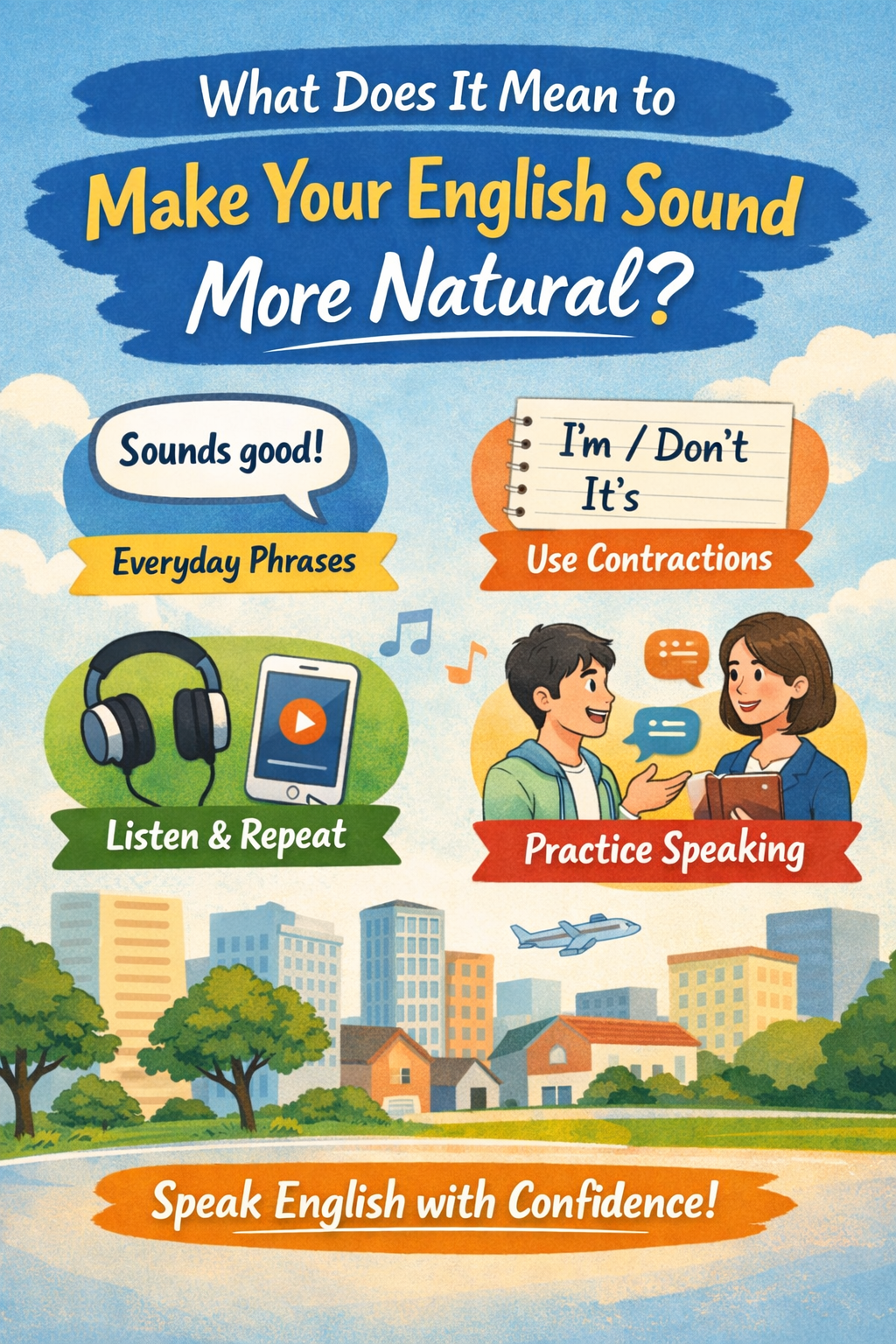 Illustration showing tips for making English sound more natural, including everyday phrases, contractions, listening, and speaking practice.