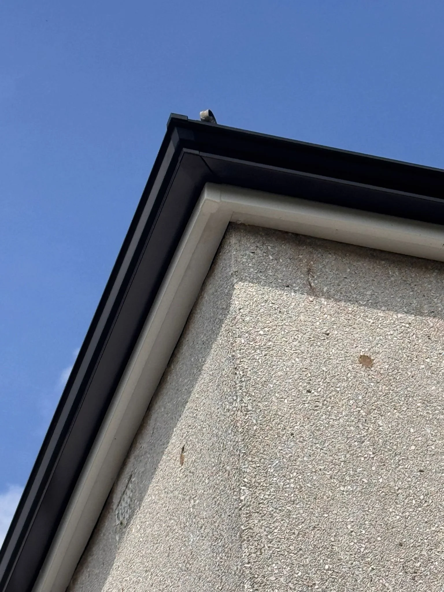 Close-up of the corner of a house with a black roof, beige siding, and a concrete porch area under a clear blue sky.
