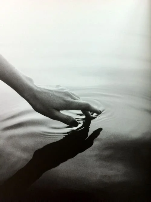 A hand touching the surface of calm water, creating ripples and a shadow.