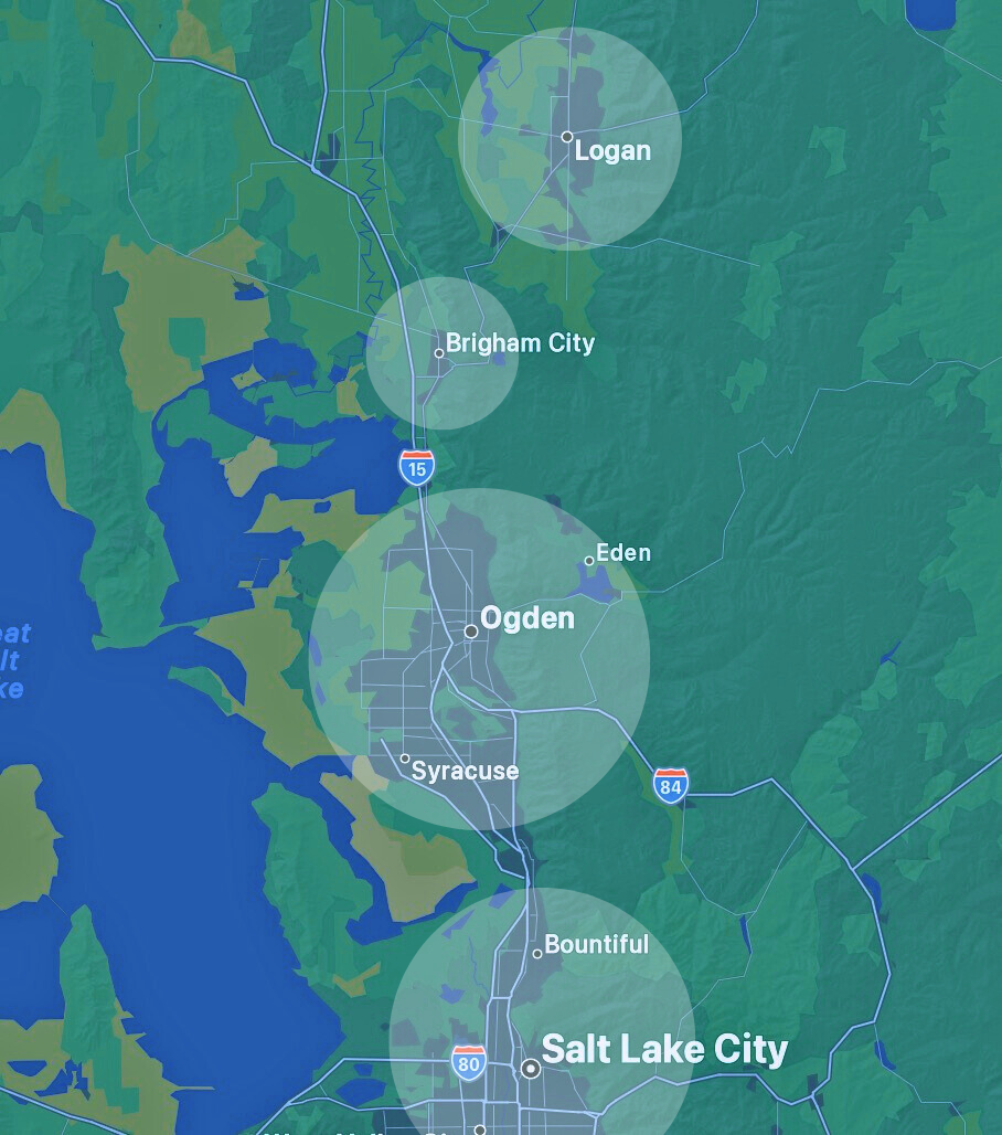 Map showing the area around Salt Lake City, Utah, with highlighted cities including Salt Lake City, Bountiful, Syracuse, Ogden, Brigham City, Logan, and Eden, with circular overlays around each city.