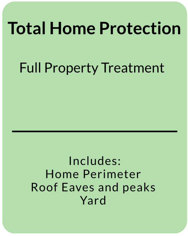 Total Home Protection full property treatment including home perimeter, roof eaves and peaks, and yard.