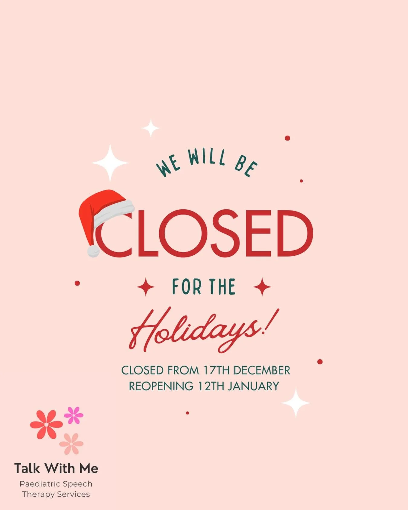 Talk With Me is closed for the Christmas &amp; New Year break 🎄✨

We&rsquo;ll be closed from 4pm Wednesday 17th December and reopening Monday 12th January.

Wishing all our families a safe and happy holidays, we can&rsquo;t wait to welcome everyone 