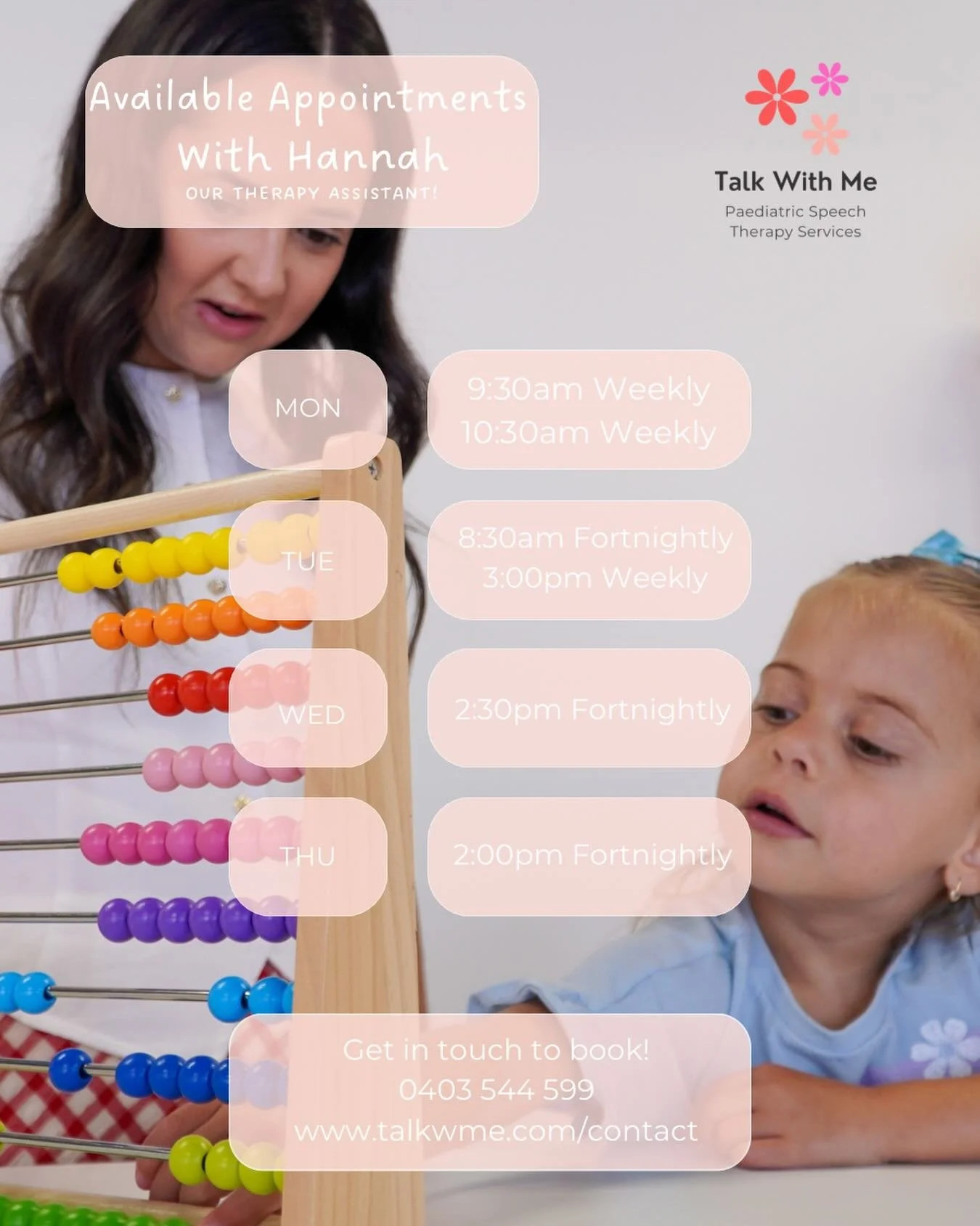 ✨ Available appointments with Hannah! ✨

We currently have some available appointments with Hannah, our Therapy Assistant, at Talk With Me.

Hannah can support children in the clinic or through school-based sessions, working under the direct supervis