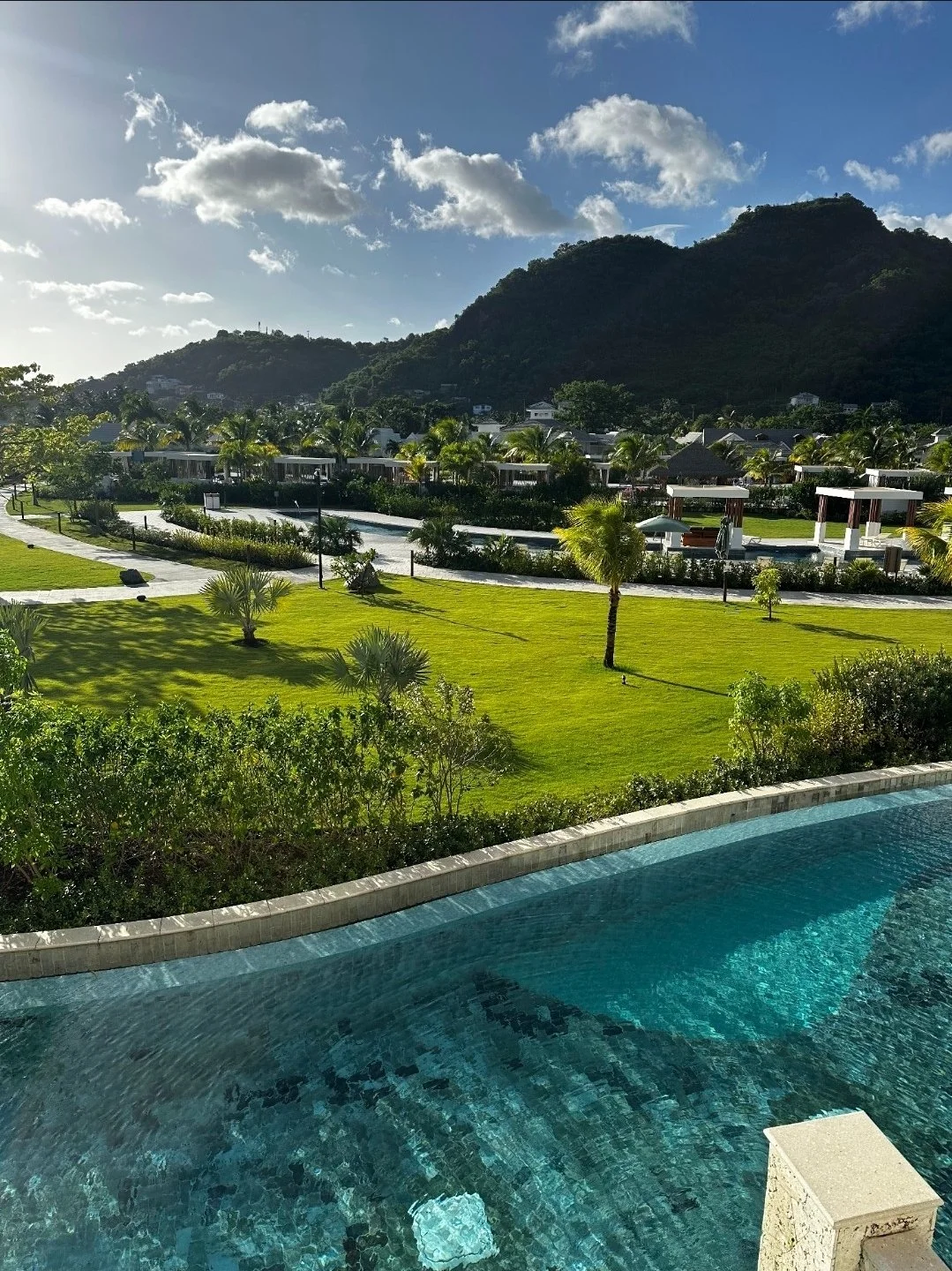 Poolside view of a lush green garden with small palm trees, a walking path, and outdoor shaded seating, with hills and houses in the background under a partly cloudy sky.