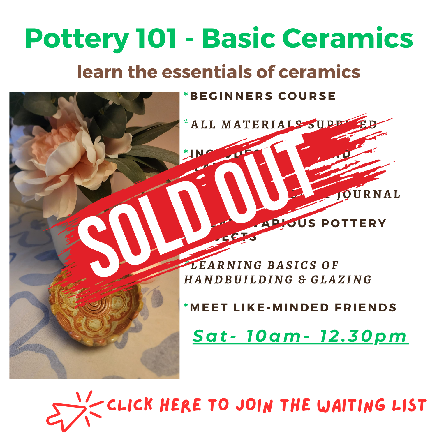 Pottery 101 - Beginners Ceramics- 8 week s - SAT 10am-12.30pm- TERM 3