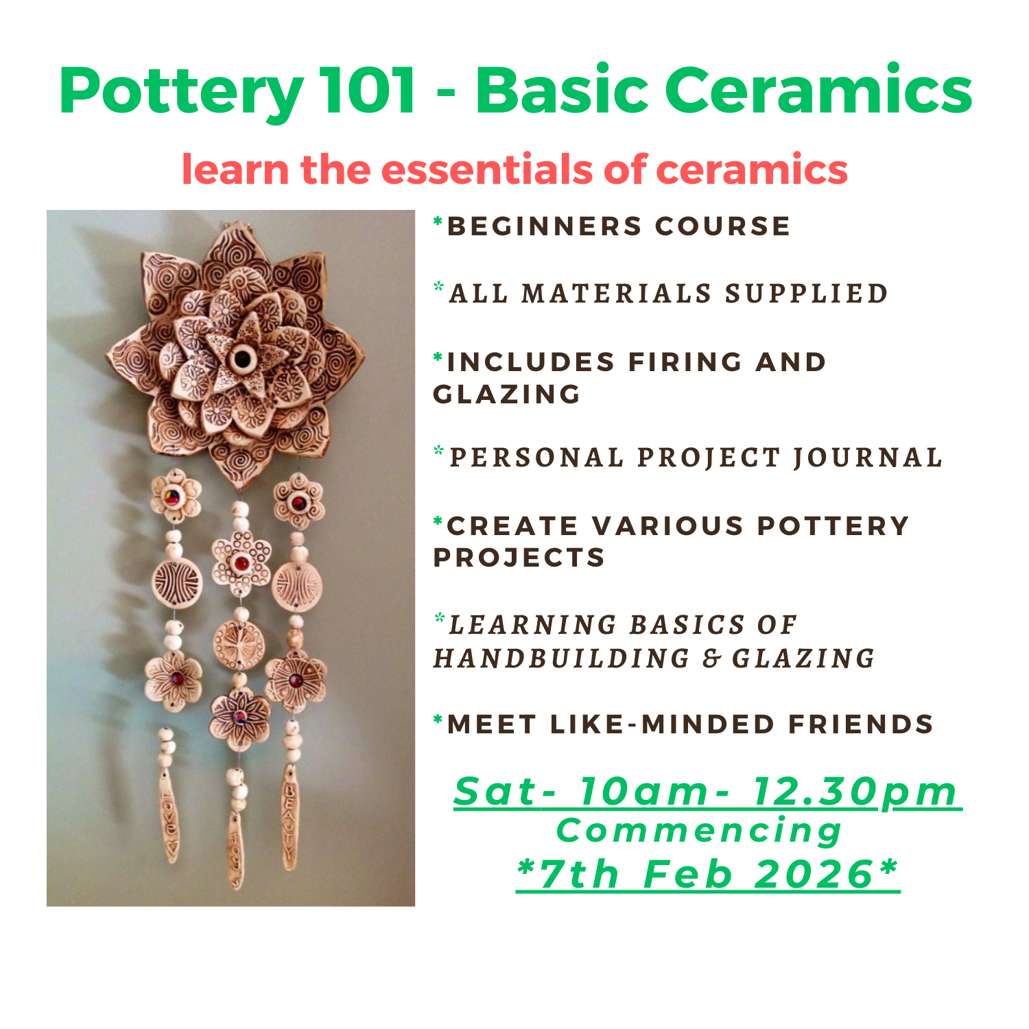 Pottery 101 - Beginners Ceramics- 8 week s - SAT 10am-12.30pm- TERM 1 2026
