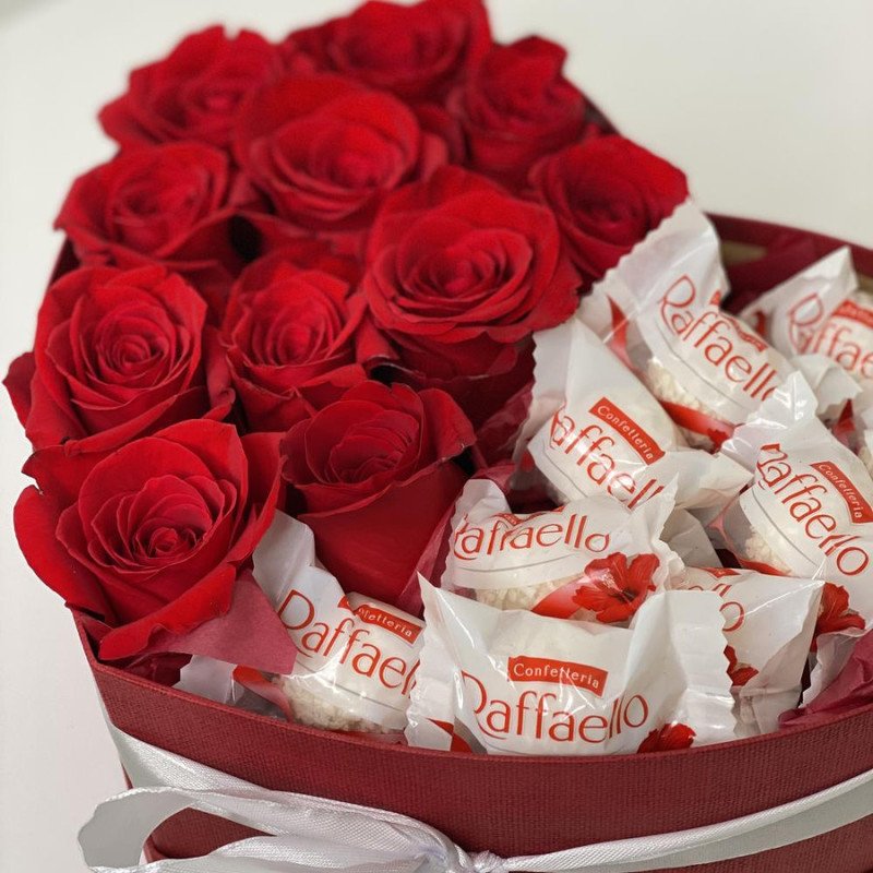 Roses & Raffaello  In A Heart Shape Box