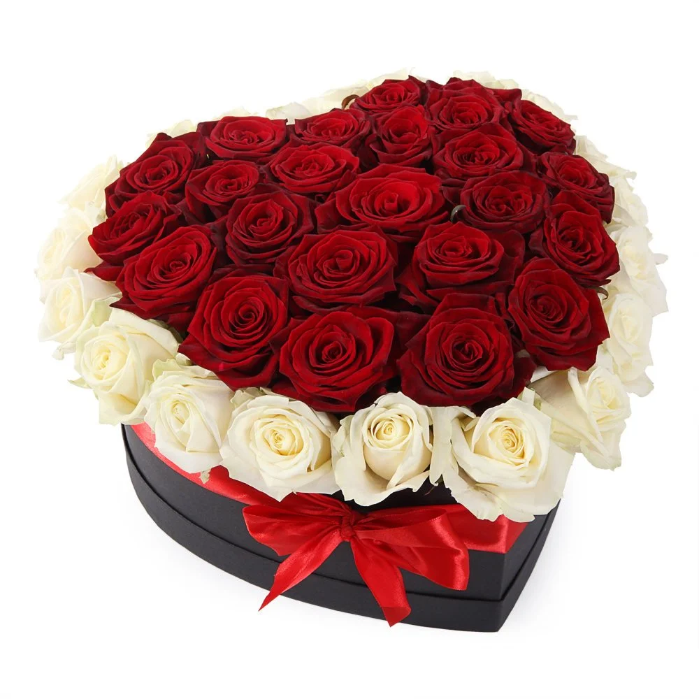 Red & White Roses In A Heart Shape Box