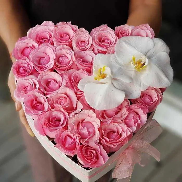 Roses & Orchid In A Heart Shape Box