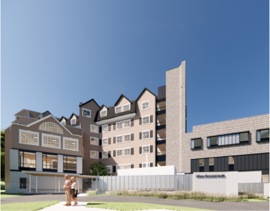 Modern multi-story apartment building with a distinct chimney-like structure and large windows, featuring a landscaped courtyard with people walking.