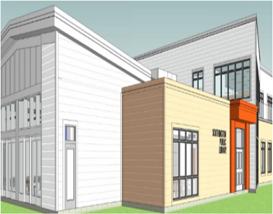 Illustration of a modern school building with white, beige, gray, and orange exterior walls, and large windows.