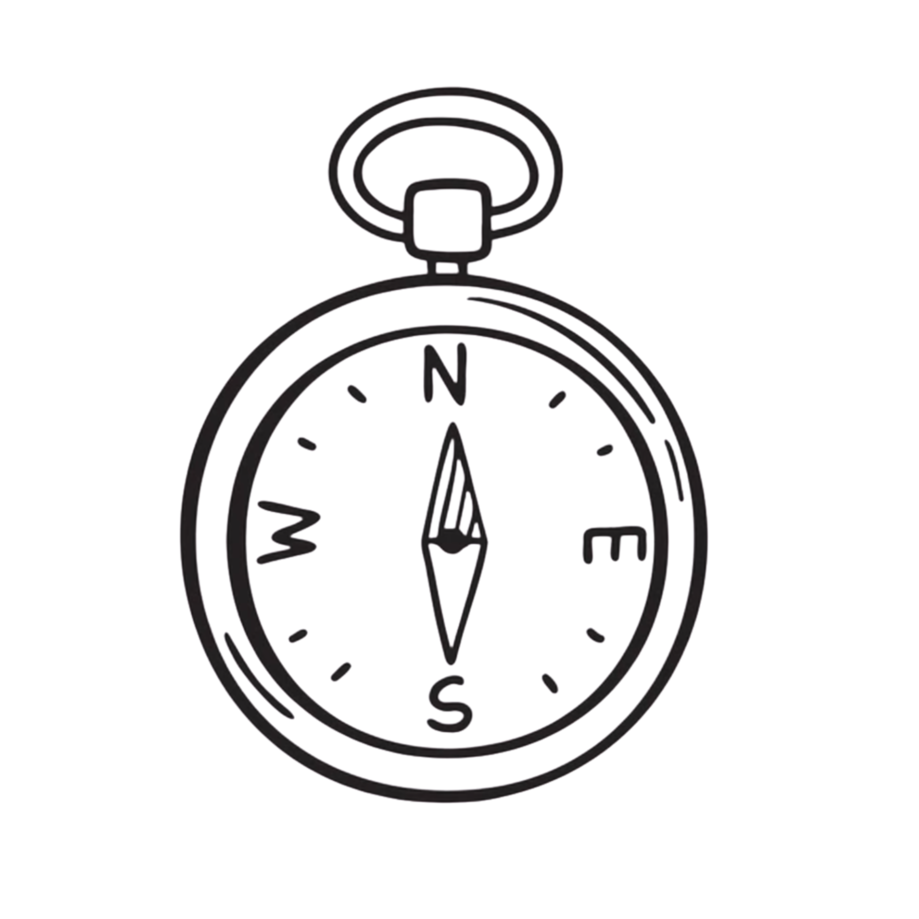 Illustration of a compass with a black outline, showing cardinal directions N, E, S, W, and a needle pointing north.