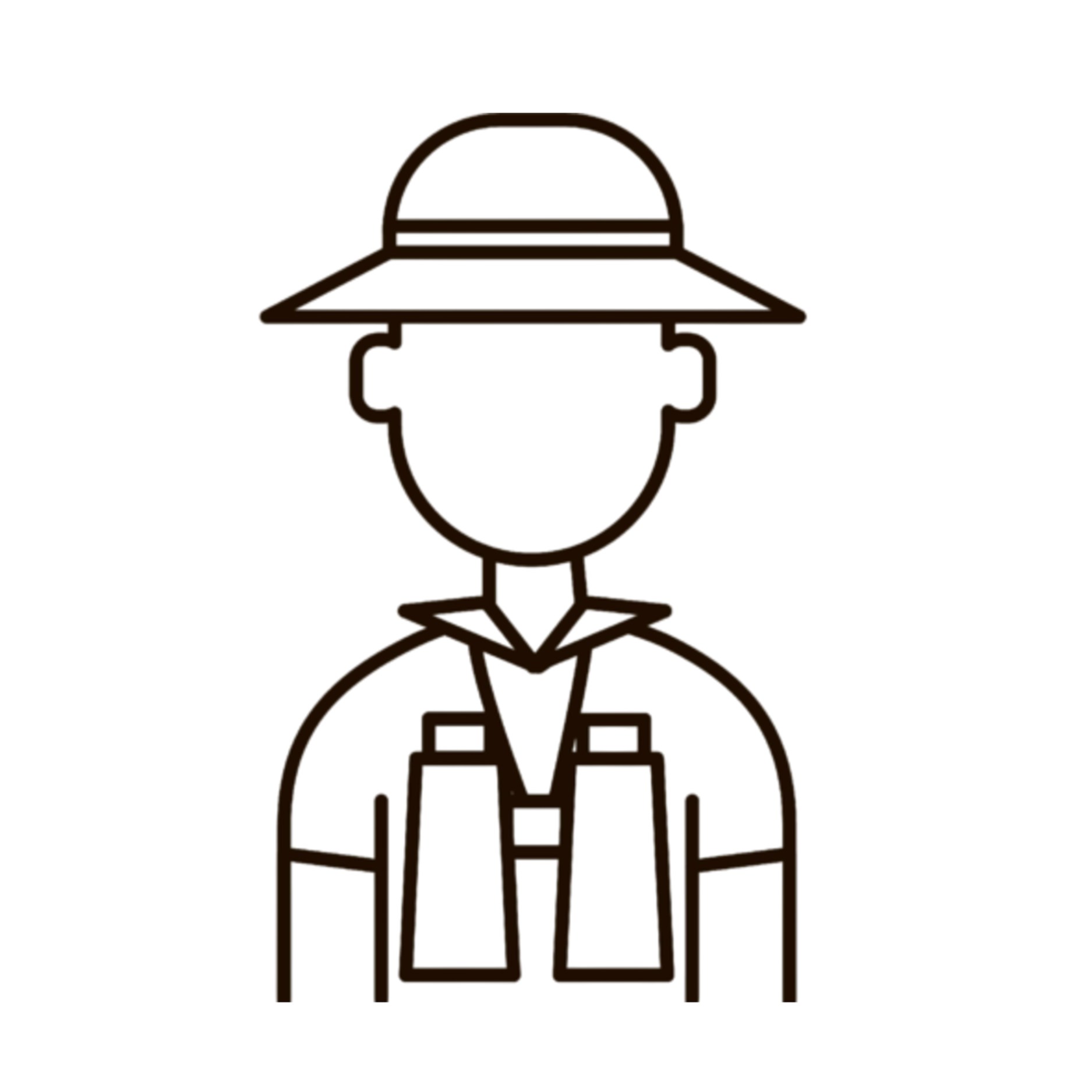 Outline of a person wearing a wide-brimmed hat and a button-up shirt or coat.