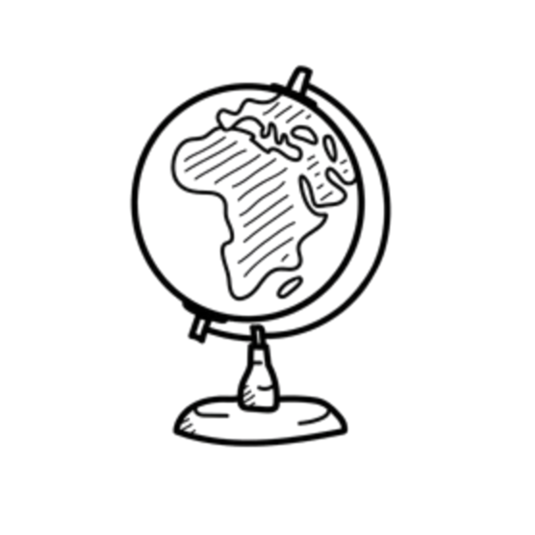 Outline drawing of a globe showing South America, with a stand and a circular frame.