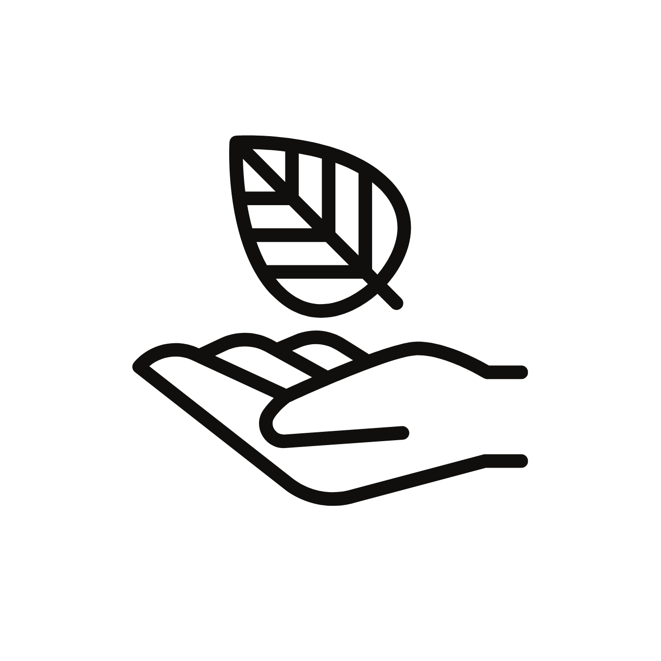 Outline icon of a hand holding a leaf.