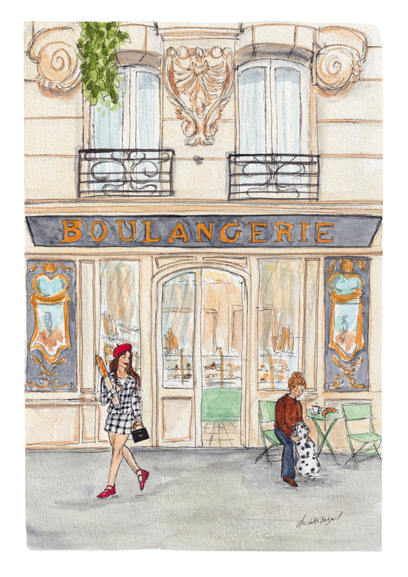 La parisienne à la baguette - Aquarelle - 21 x 29,7 cm 