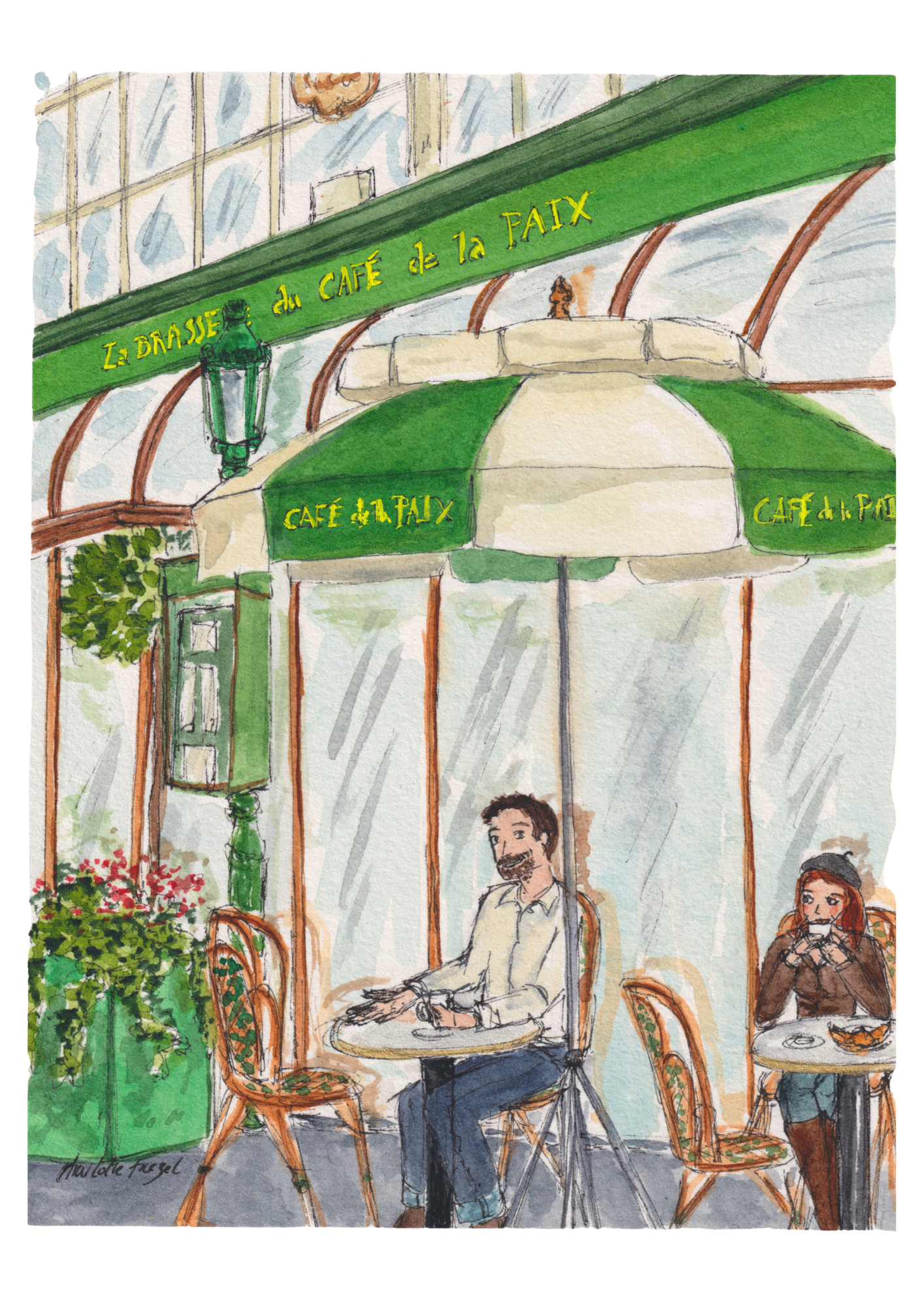 Regards croisés au Café de la Paix - Aquarelle - 14,8 x 21 cm