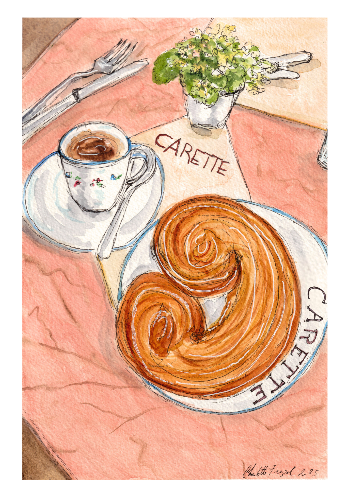 Café palmier chez Carette - Aquarelle-  18 x 25 cm 