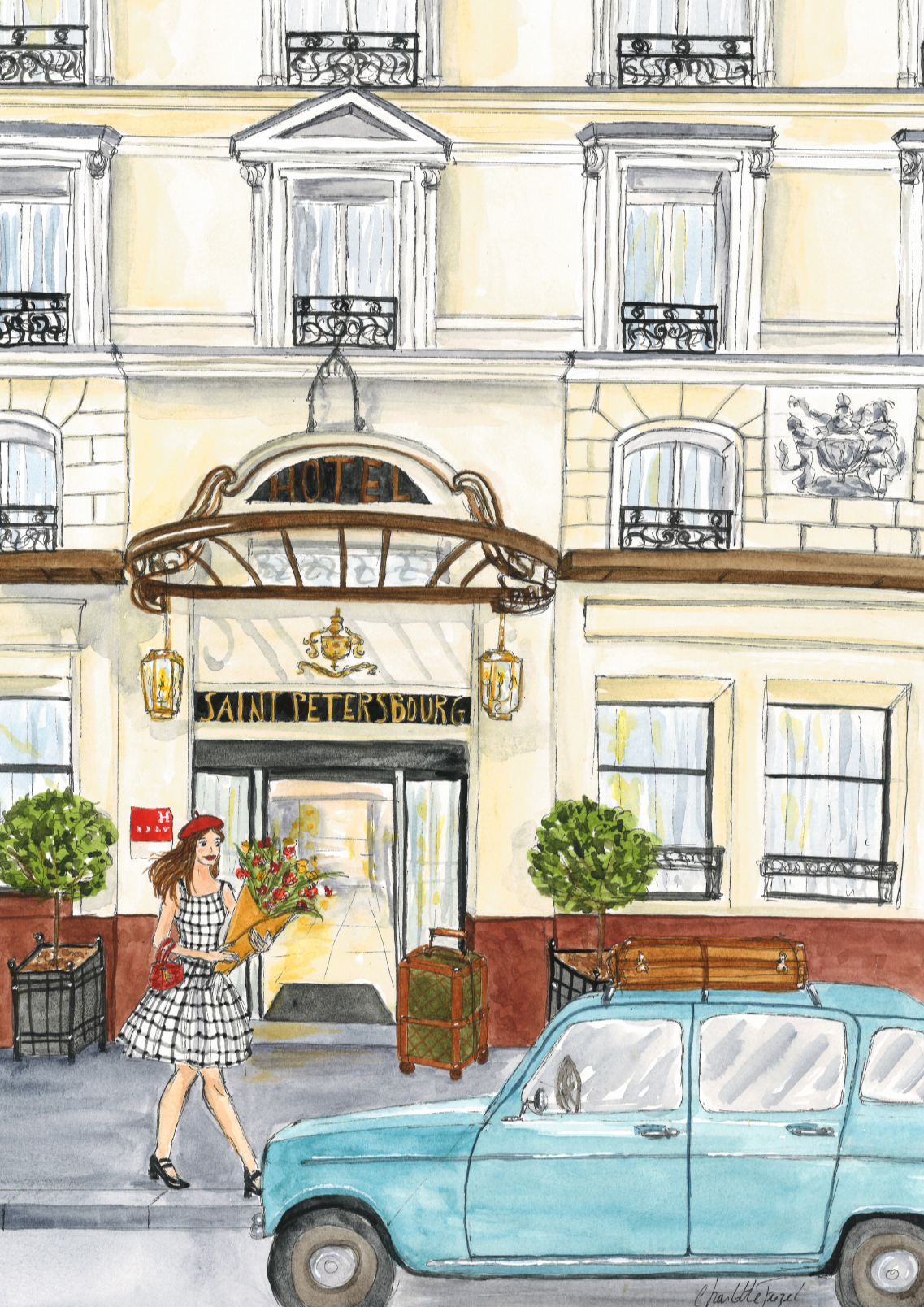 illustration devanture hôtel parisien par Charlotte Frezel