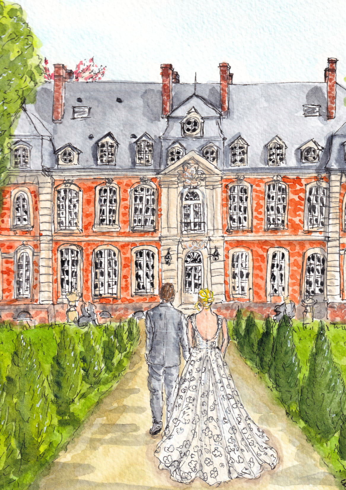 illustration château et mariés par Charlotte Frezel