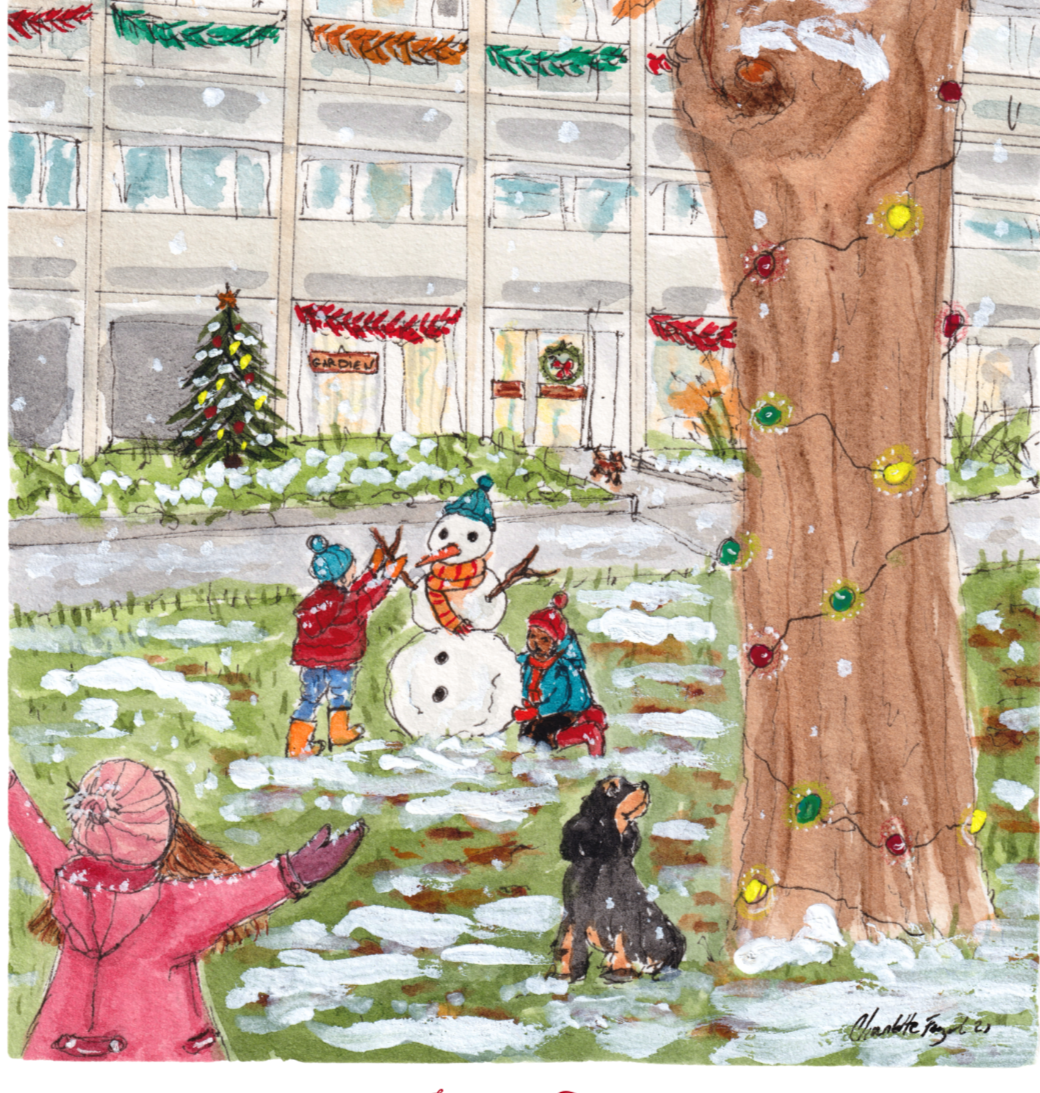 illustration bonhomme de neige chien enfants par Charlotte Frezel