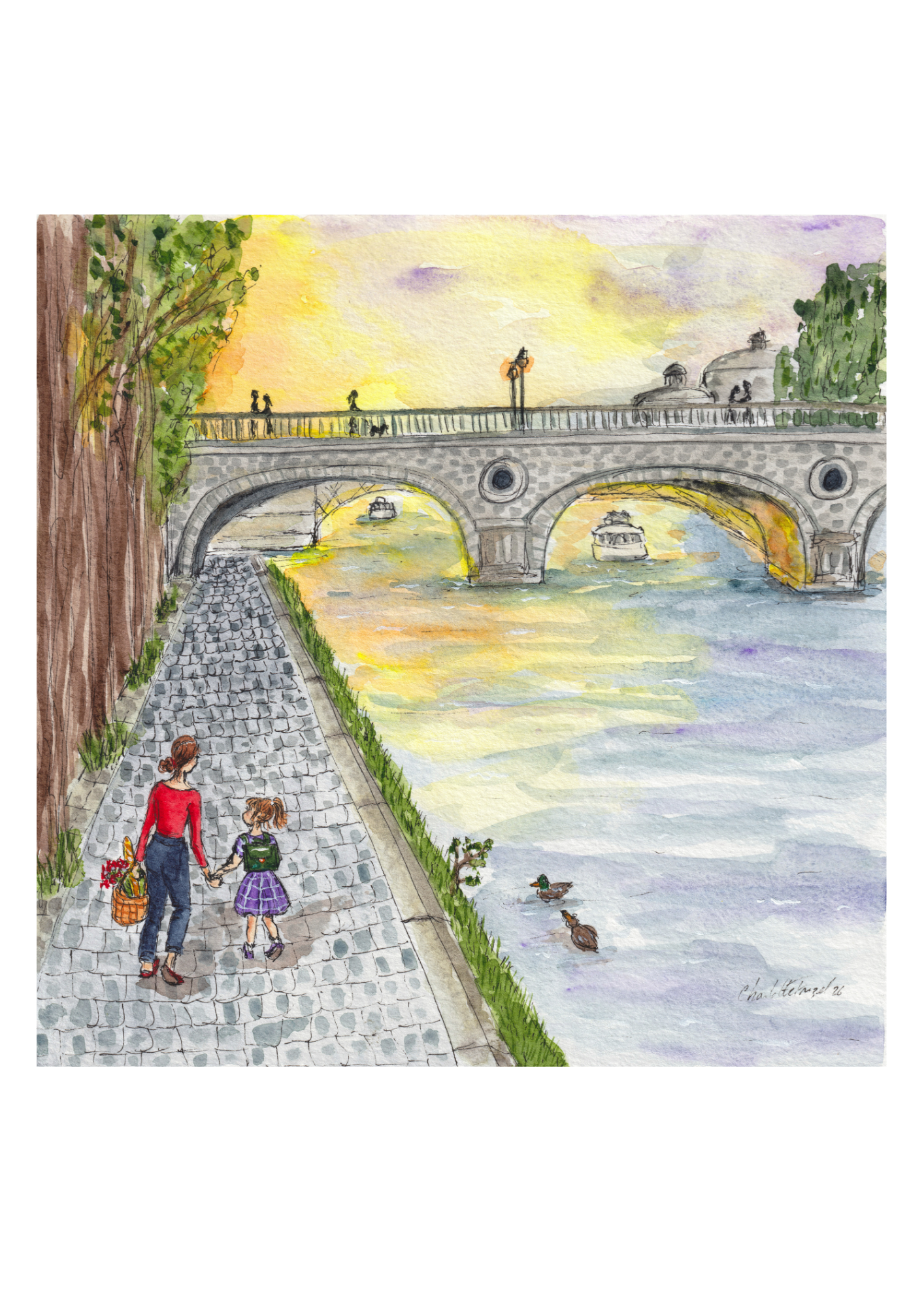 Retour d'école par les quais - Aquarelle - 20 x 20 cm