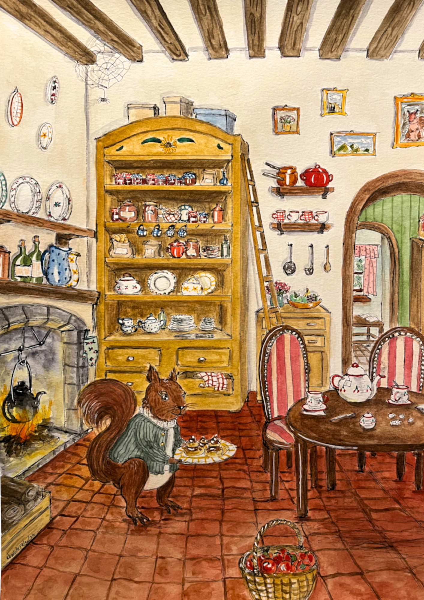 Maman écureuil reçoit pour le thé, aquarelle originale
