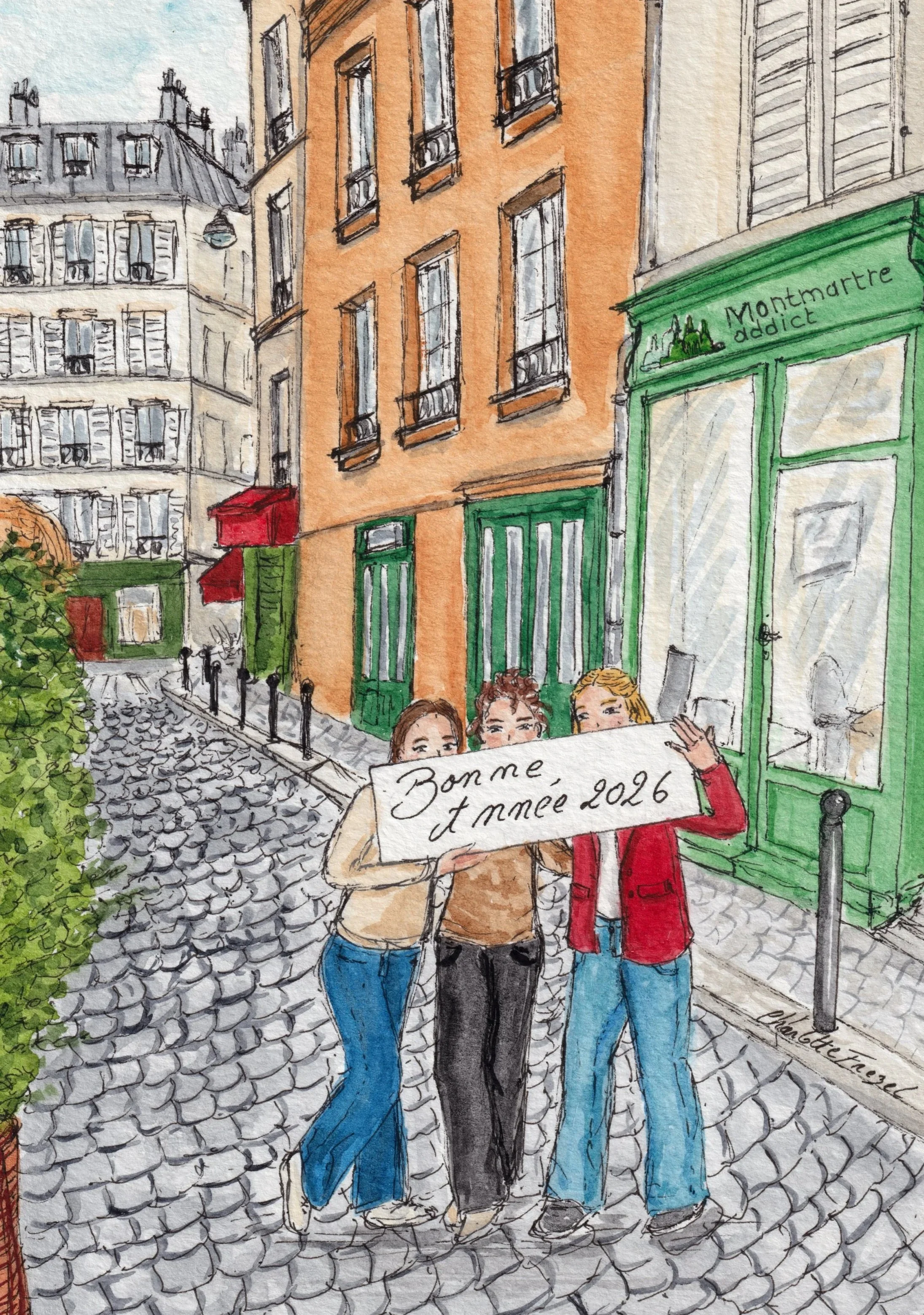 illustration jeunes femmes tenant pancarte bonne année par Charlotte Frezel