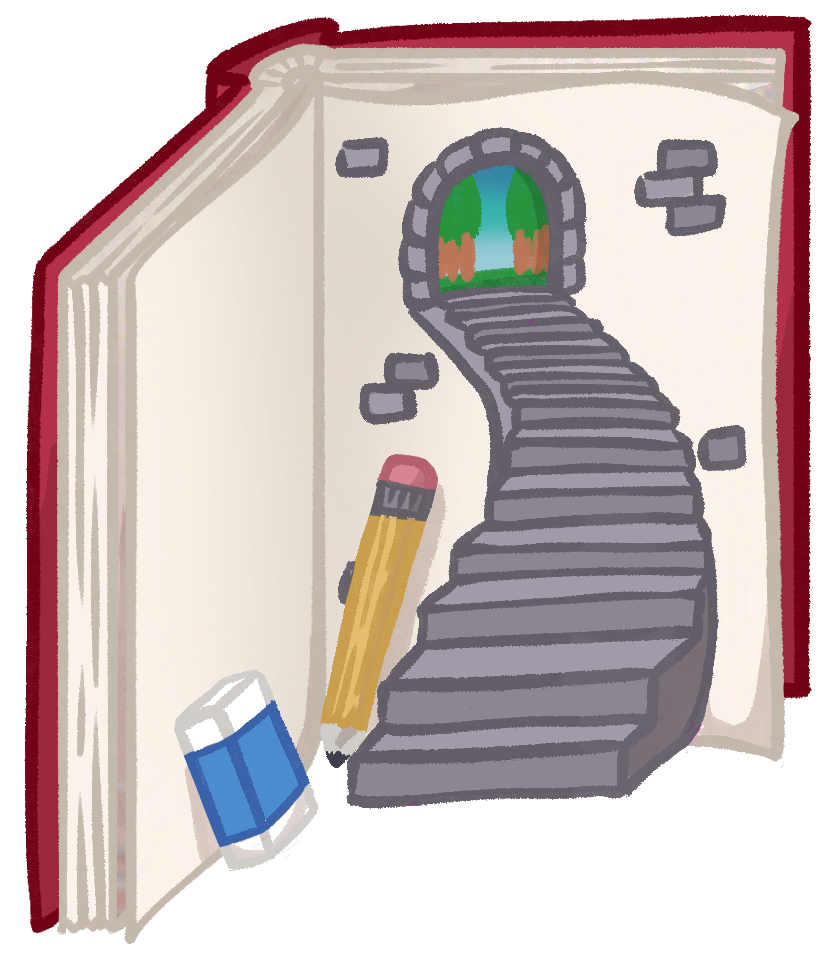 A cartoon illustration of an open book containing the image of a staircase, leading to a small arched door, with a pencil and eraser leaning against the book.