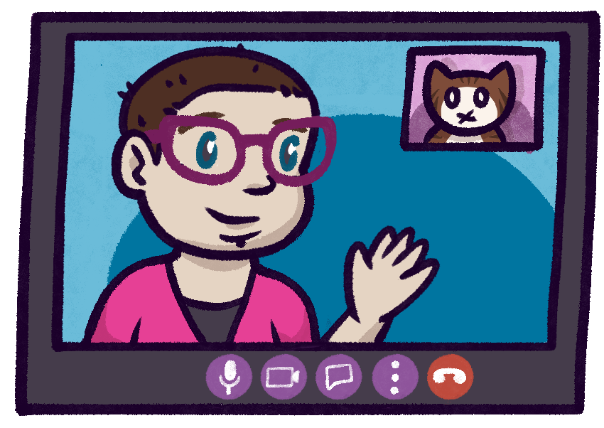 Cartoon of a person with short brown hair and pink glasses talking on a video call, waving. In the upper right corner, the other video caller is a cat.