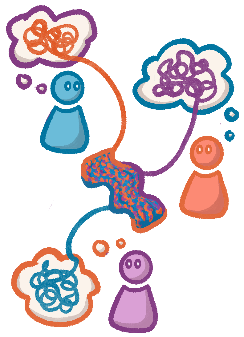 A cartoon illustration of three figures, each with tangled up thoughts in thought bubbles, with their thoughts coming together to make a knitted scarf.
