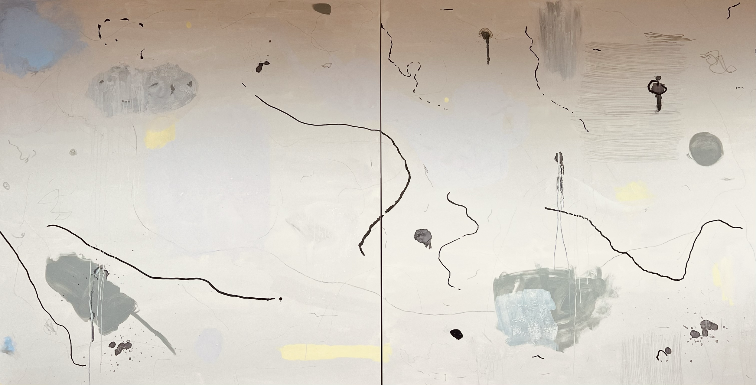 Acts of Love, 2023 / 
200 × 400 cm / 
Acrylic, charcoal, graphite, Indian ink and pastels on canvas