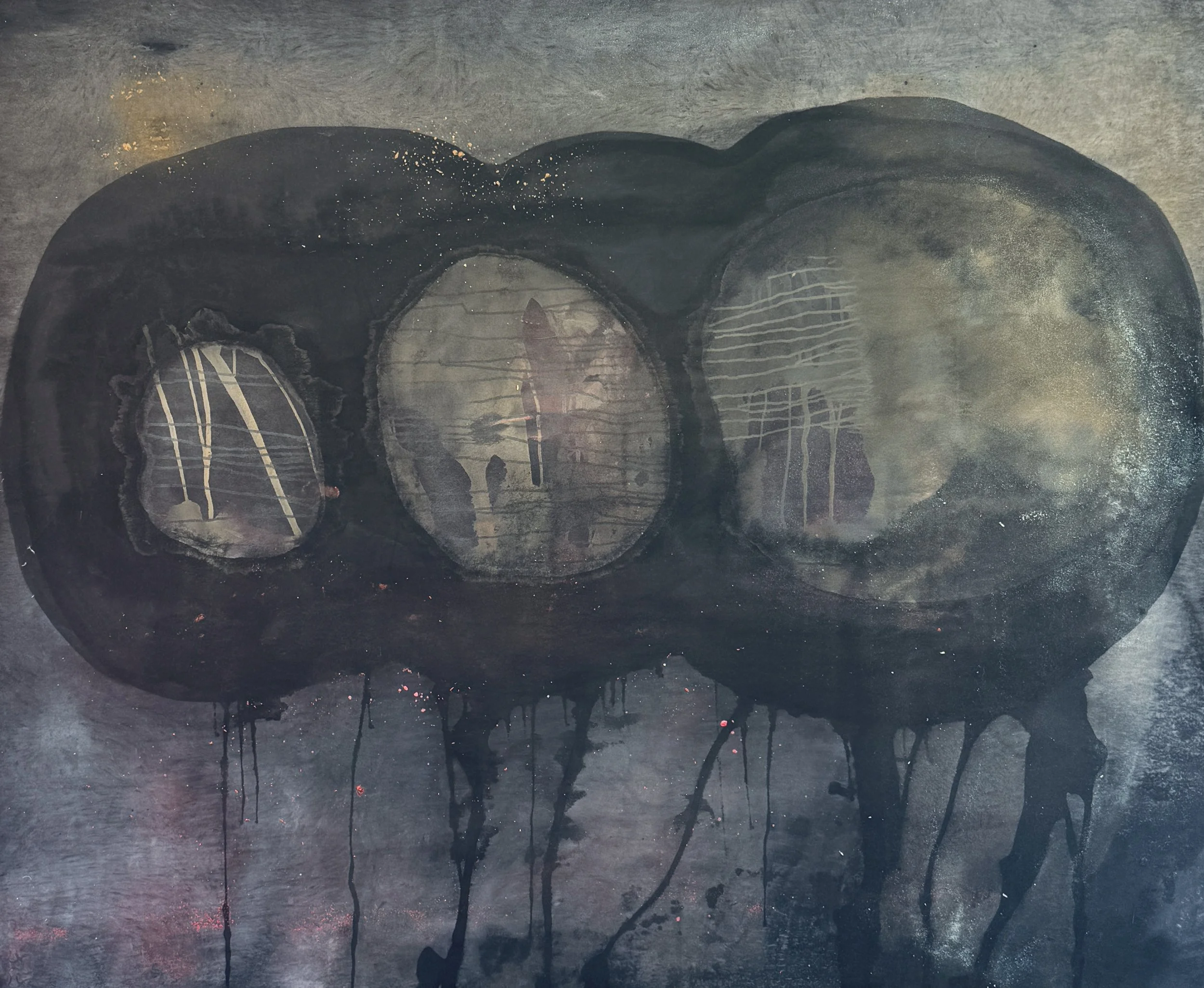 Inner House, 2025 / 
160 x 200 cm / 
Indian ink, acrylic and pigment on canvas