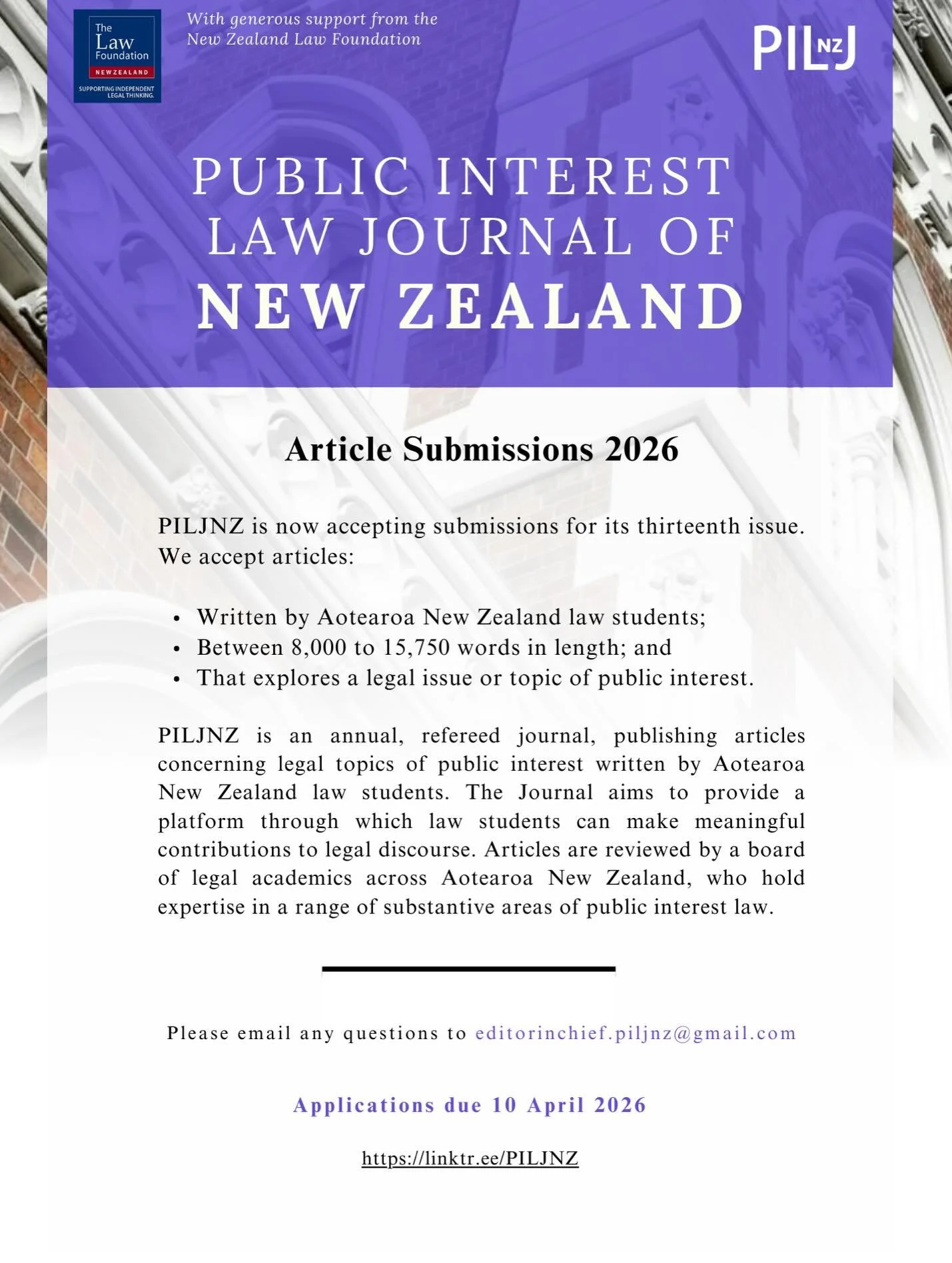 📣 Announcement from the Public Interest Law Journal of New Zealand 📣⤵️

Kia ora koutou,

The Public Interest Law Journal of New Zealand is now accepting article submissions and applications for the editorial team. The journal is focused on publishi
