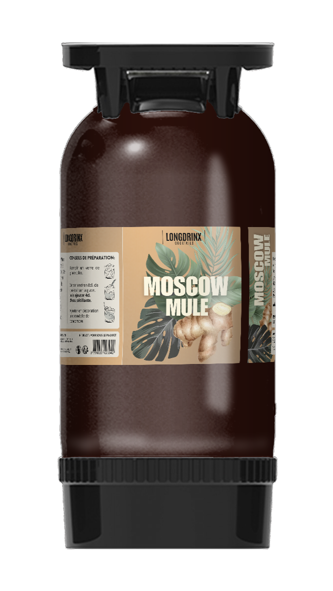 Fut de moscow mule au gingembre avec une étiquette indiquant 'Moscow Mule' et des illustrations de feuilles et de gingembre