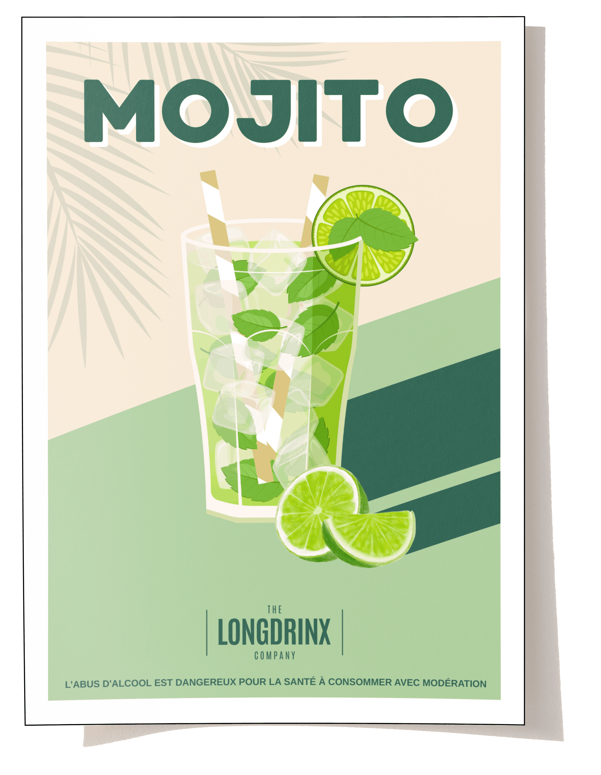 Affiche illustrée d'un mojito avec citron vert, menthe, glaçons, deux pailles dans un verre. Texte : 'MOJITO' en haut, et 'The Longdrink Company' en bas, avec une note de santé sur la consommation modérée d'alcool.