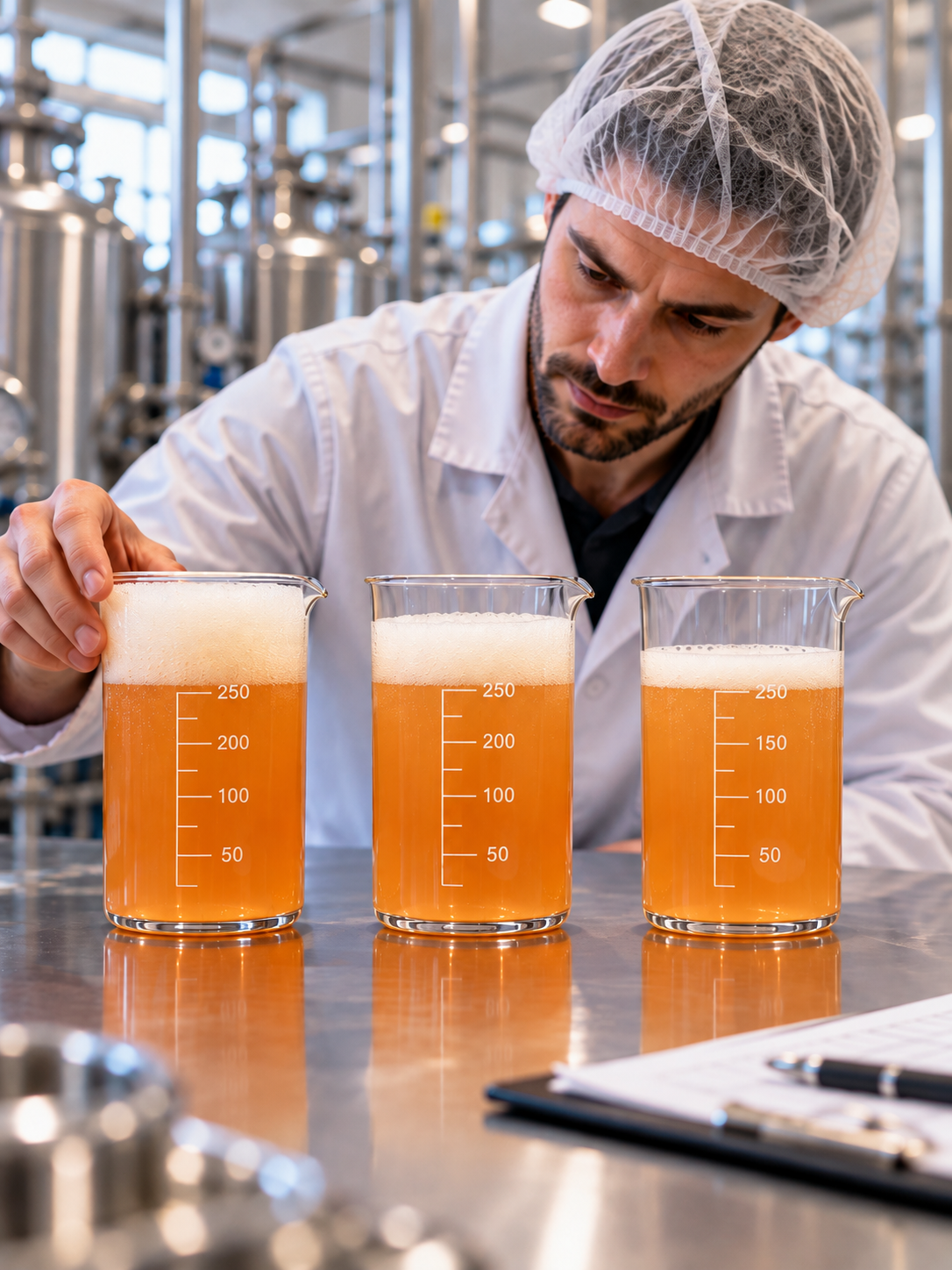 Un homme portant une charlotte examine trois béchers remplis de bière dans un laboratoire brassicole.