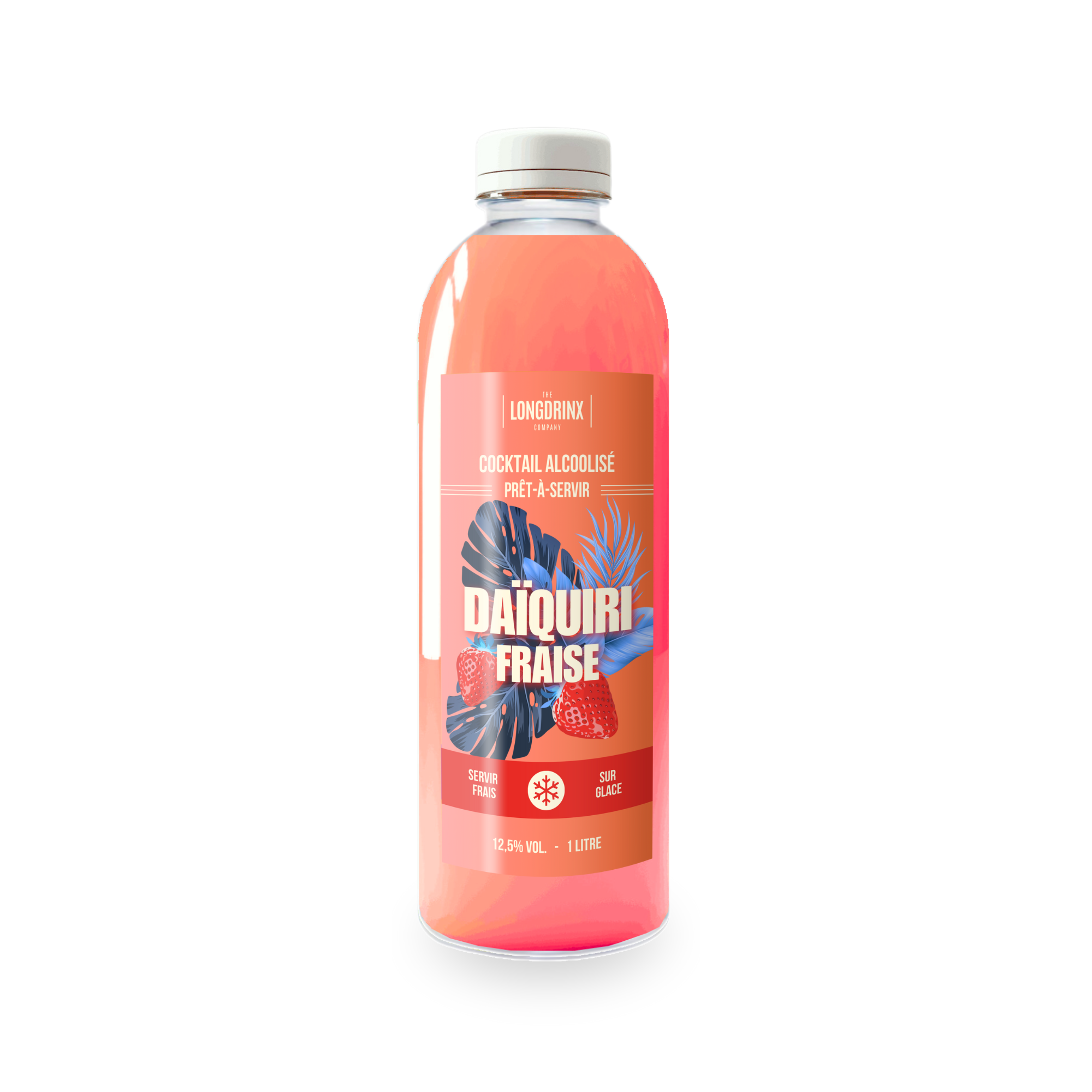 Bouteille de cocktail glacé à la fraise avec étiquette rose, illustration de feuilles vertes et rouges, marque 'Daiquiri Fraise', contenant 1 litre, 12,5% d'alcool.