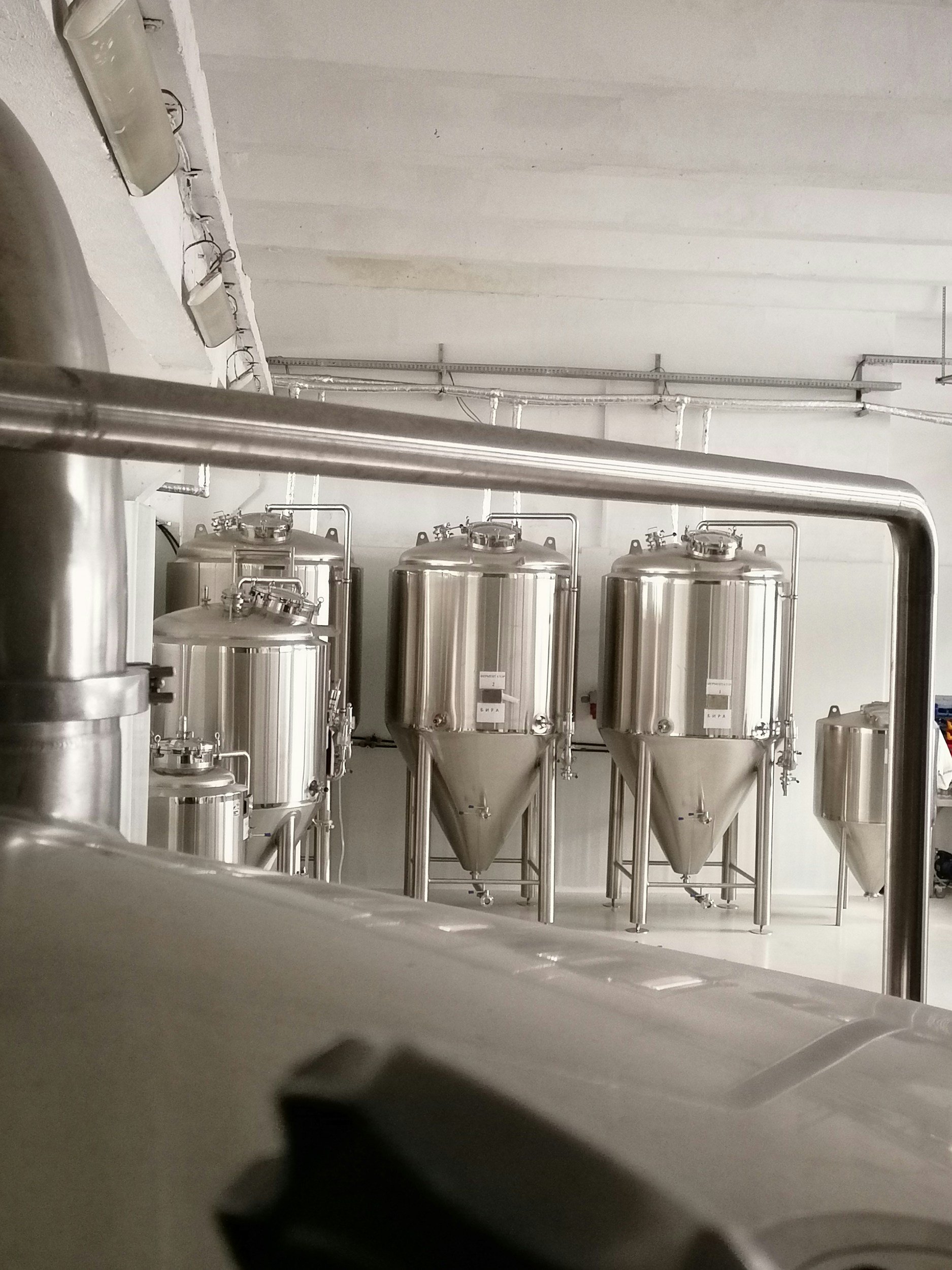 Silos en acier inoxydable dans une installation industrielle, probablement pour le stockage ou le traitement de liquides ou de produits en vrac.
