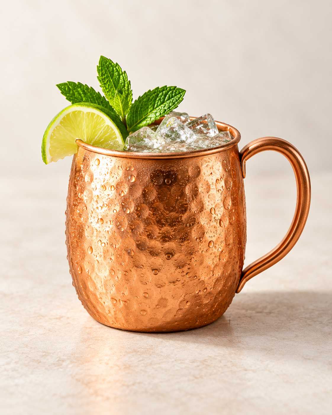 Copper mug filled with ice, garnished with a lime wedge and fresh mint leaves.