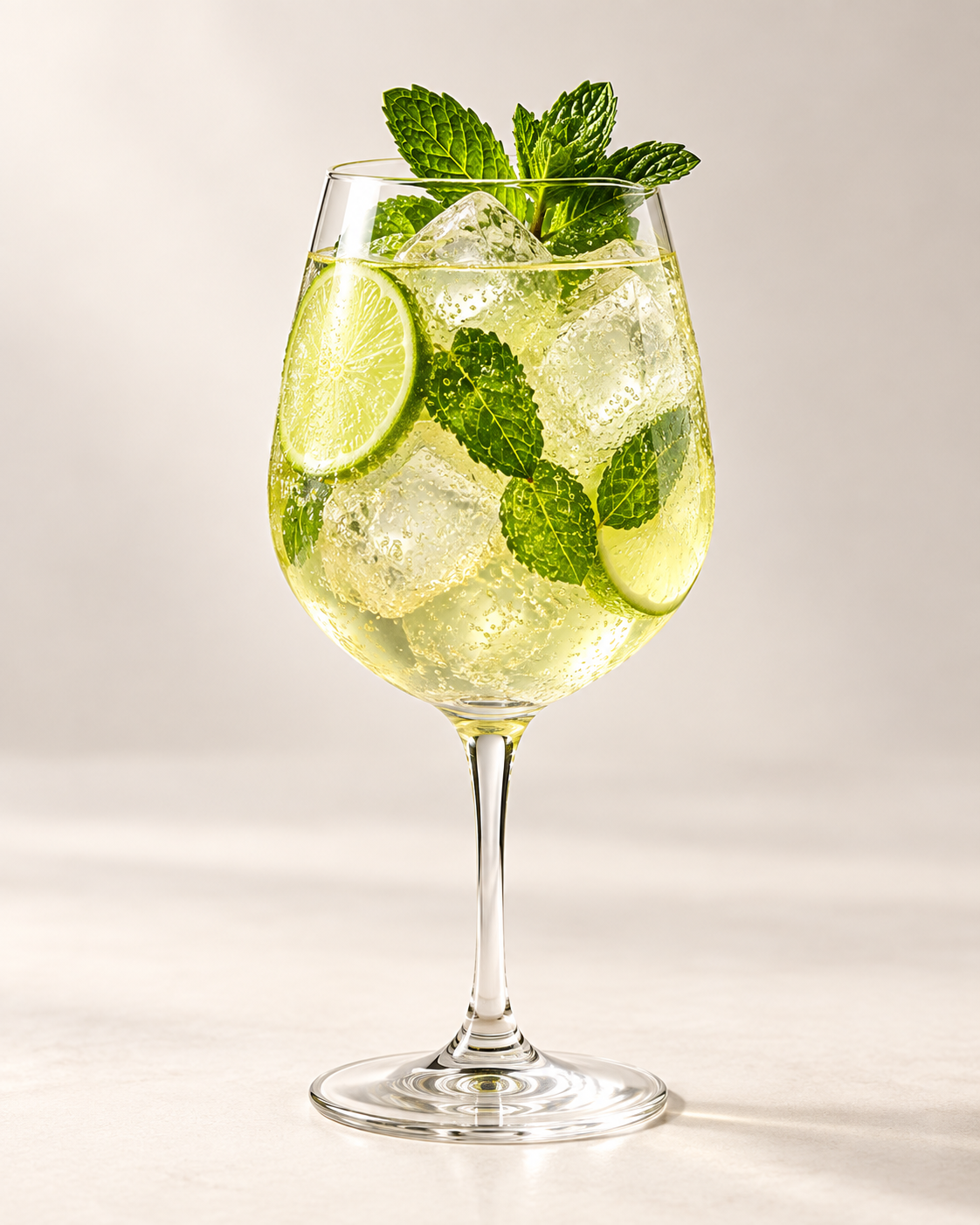 A glass of refreshing cocktail with ice, lime slices, and mint leaves.