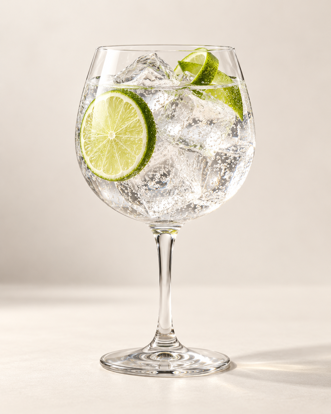 A wine glass filled with sparkling water, ice cubes, and lime slices.