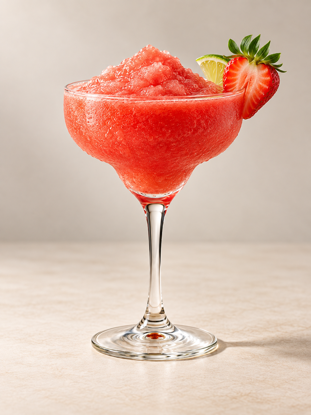 Frozen watermelon and strawberry cocktail garnished with a strawberry and lime wedge in a martini glass on a neutral background.